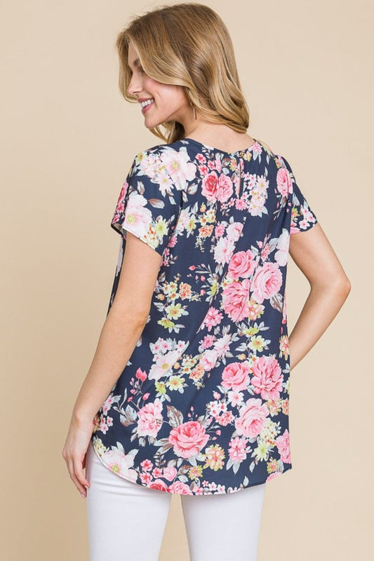 BOMBOM Floral Round Neck Short Sleeve T-Shirt - Trendsi