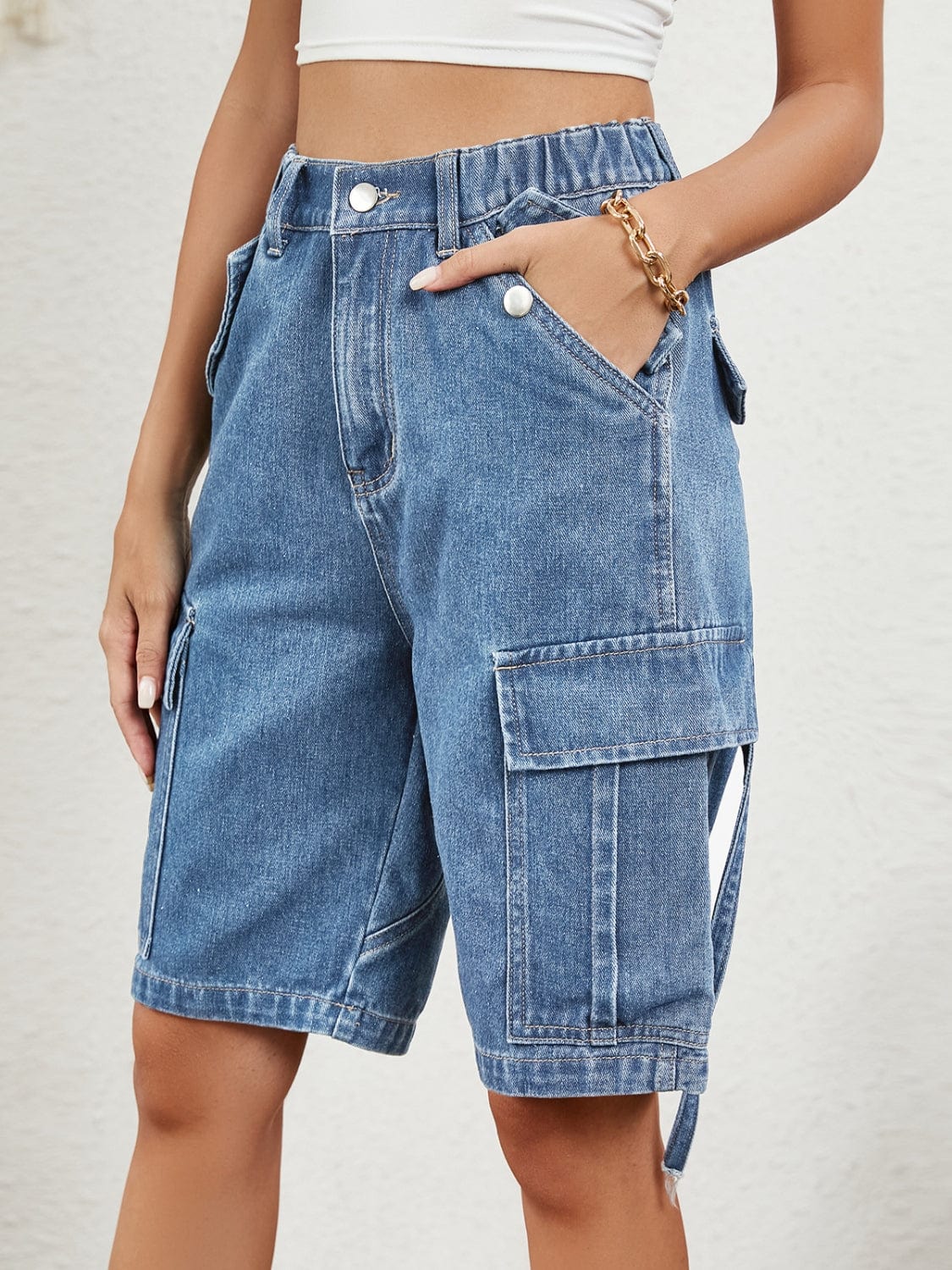 Buttoned Elastic Waist Denim Shorts with Pockets - Trendsi