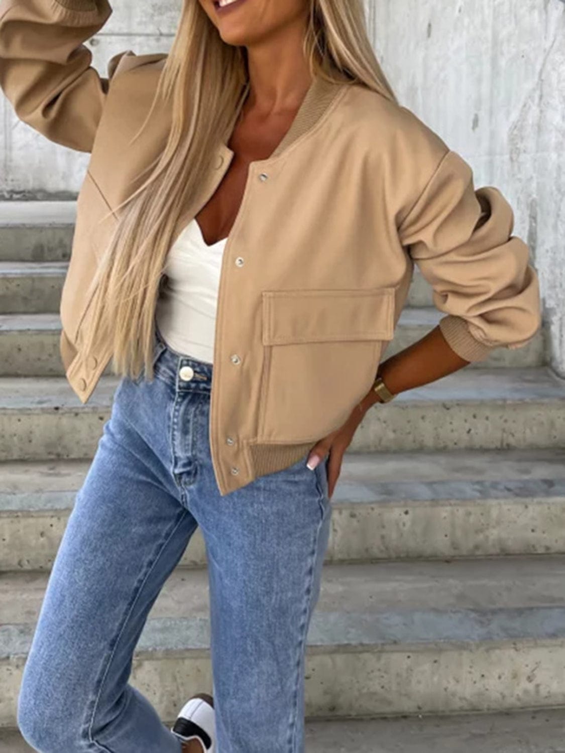 Baseball Collar Dropped Shoulder Jacket - Trendsi