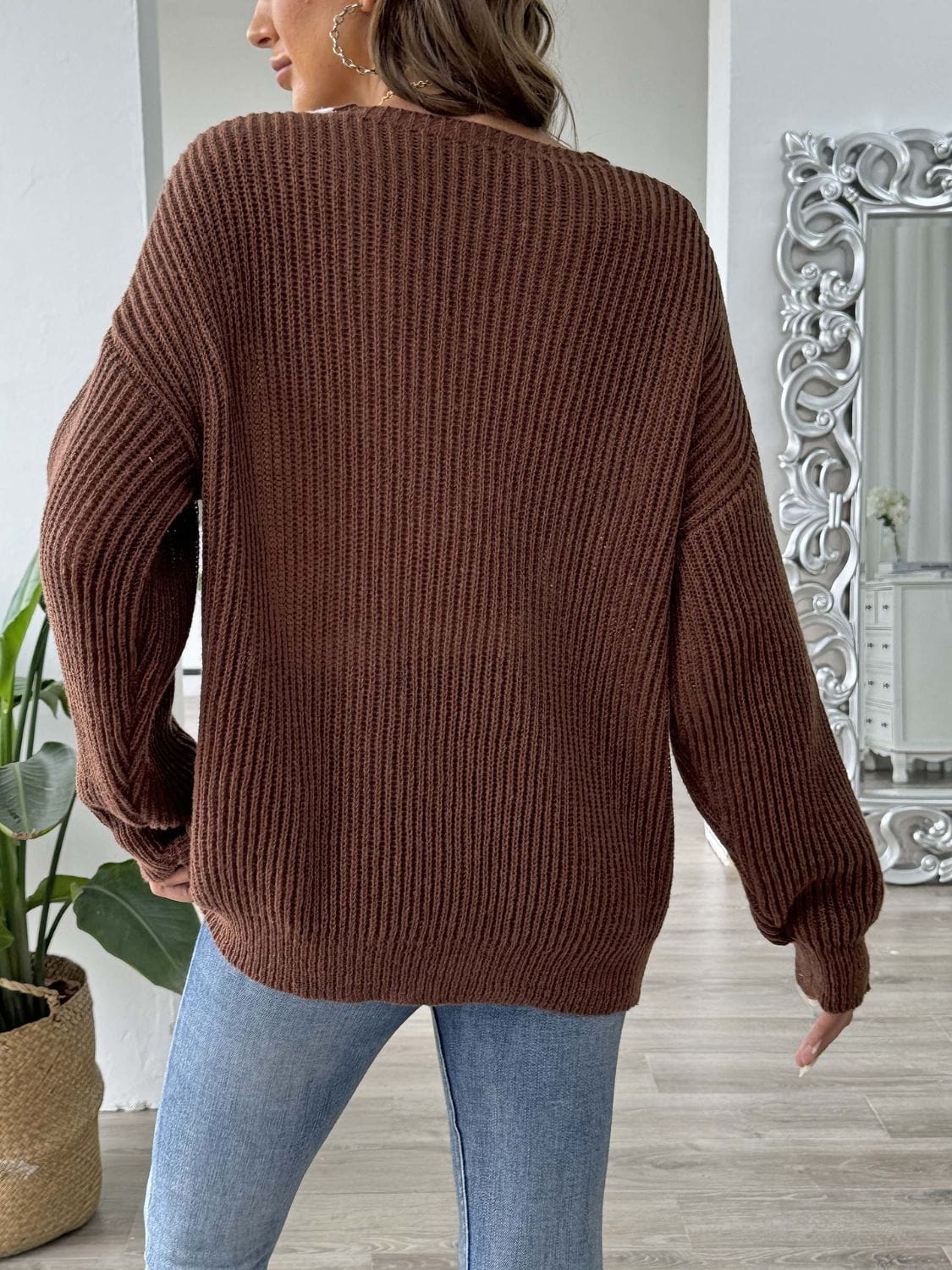 Contrast Trim Dropped Shoulder Long Sleeve Sweater - Trendsi