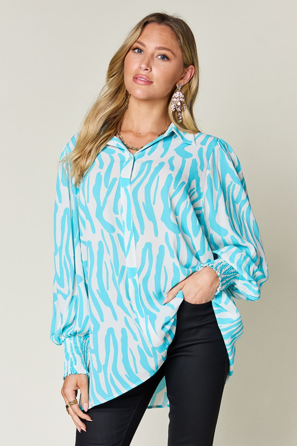 Double Take Full Size Printed Smocked Long Sleeve Blouse - Flyclothing LLC