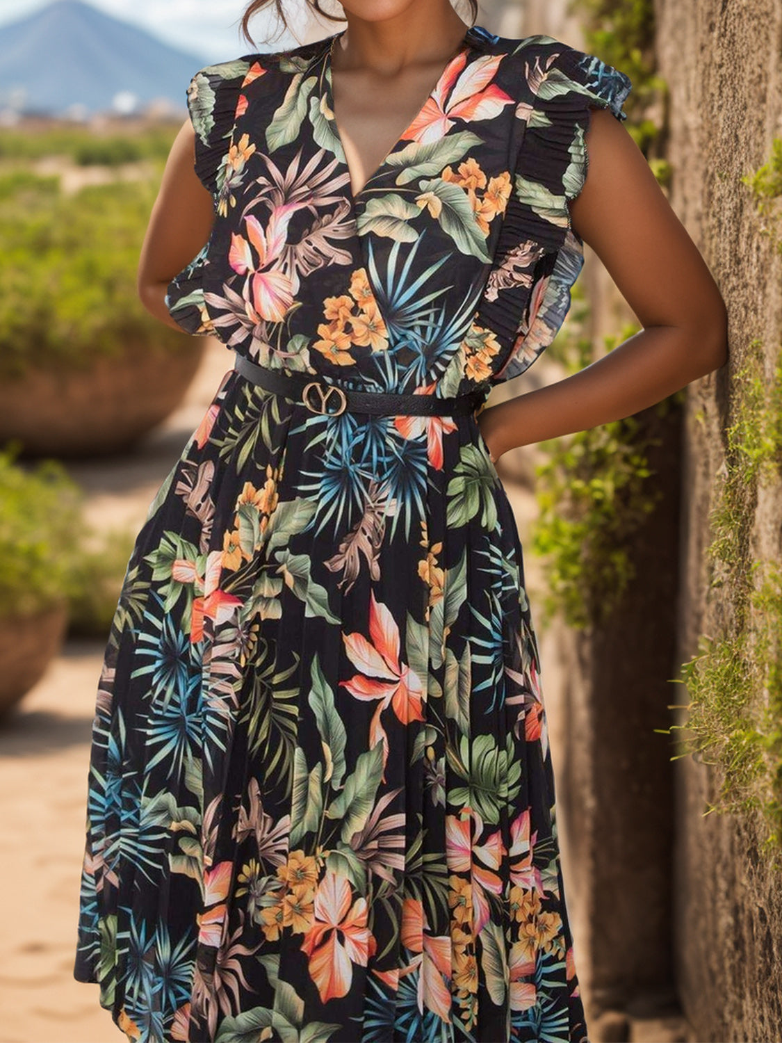 Ruffled Printed Surplice Cap Sleeve Dress Trendsi