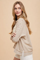 Annie Wear Striped Button Detail Long Sleeve Polo Top - Trendsi