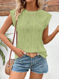 Openwork Round Neck Cap Sleeve Top