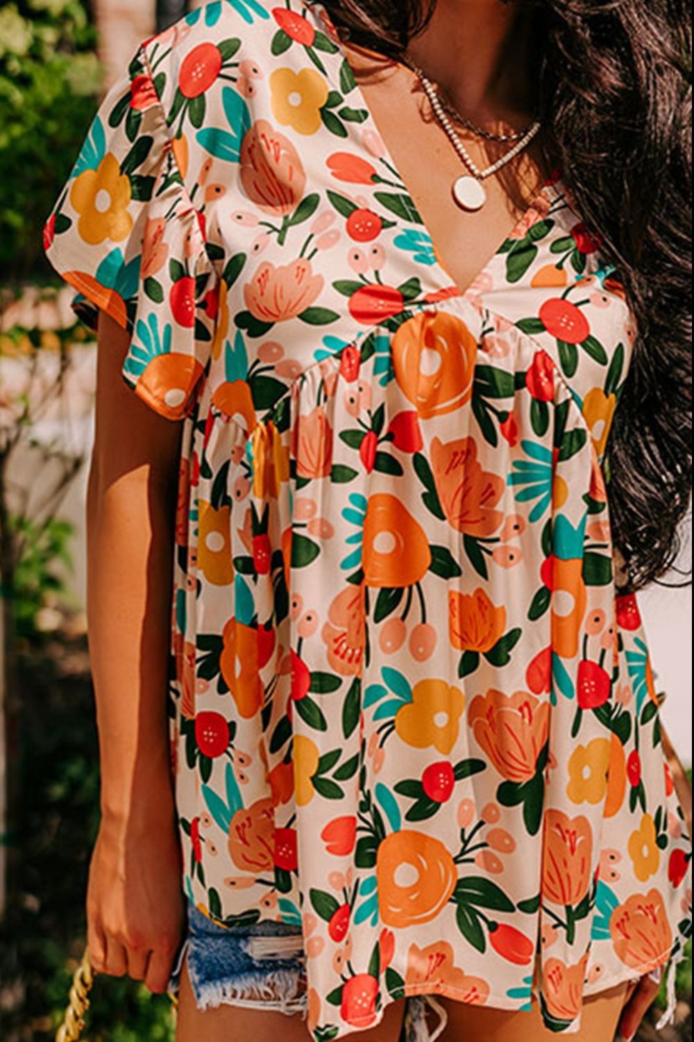 Printed V-Neck Short Sleeve Blouse Trendsi