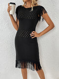 Fringe Openwork Boat Neck Knit Dress - Flyclothing LLC