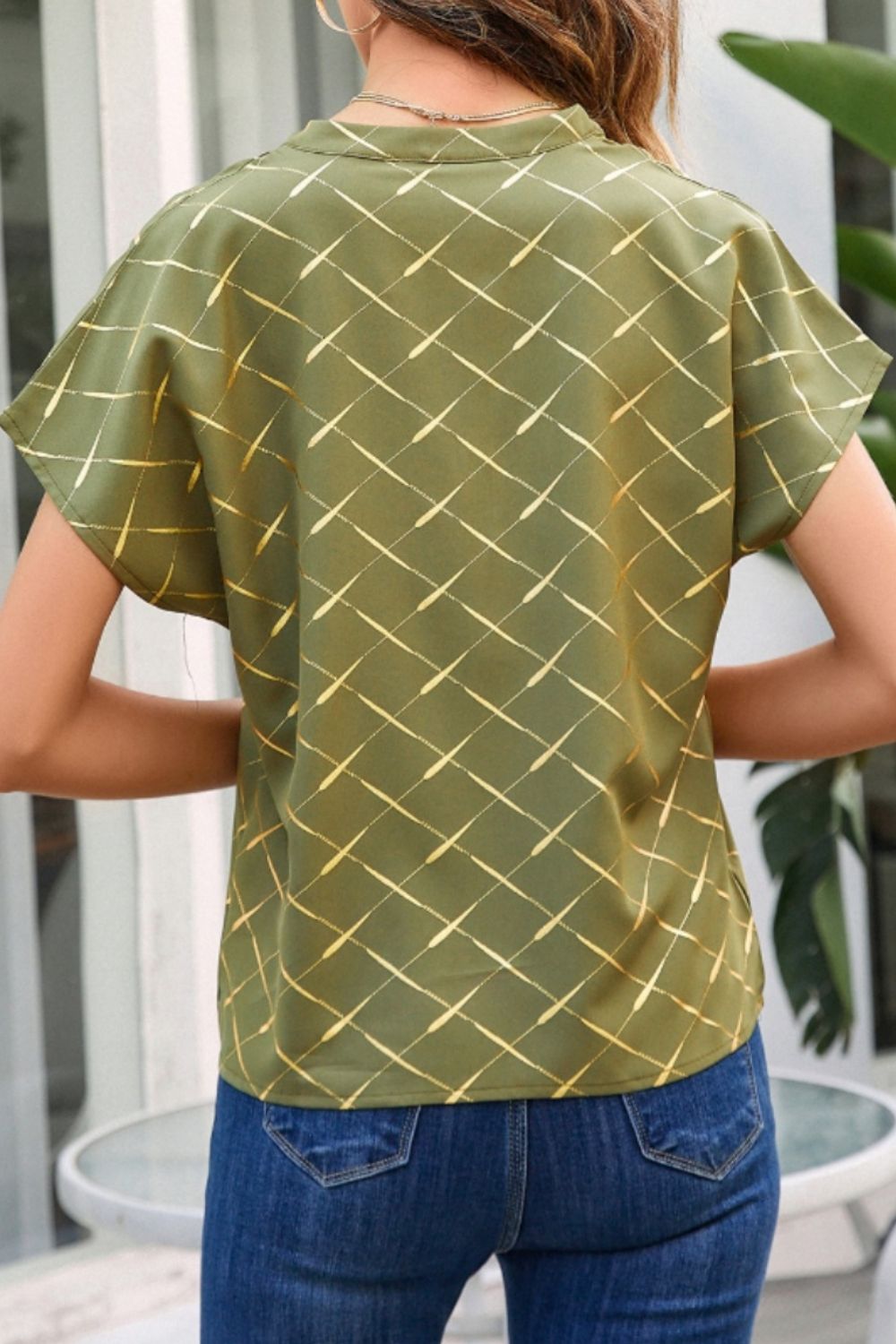 Printed Notched Short Sleeve Blouse - Flyclothing LLC