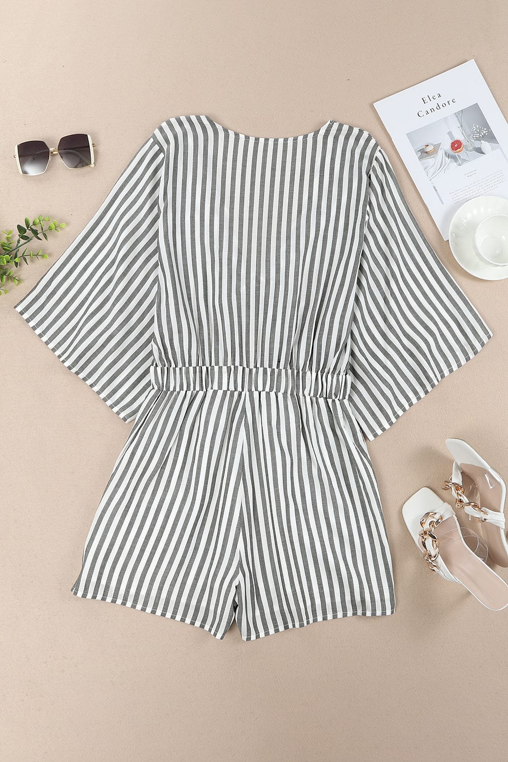 Tied Striped Three-Quarter Sleeve Romper - Trendsi