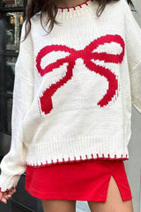 Bow Graphic Round Neck Long Sleeve Sweater - Trendsi