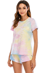 Tie-Dye Round Neck Short Sleeve Top and Shorts Lounge Set Trendsi