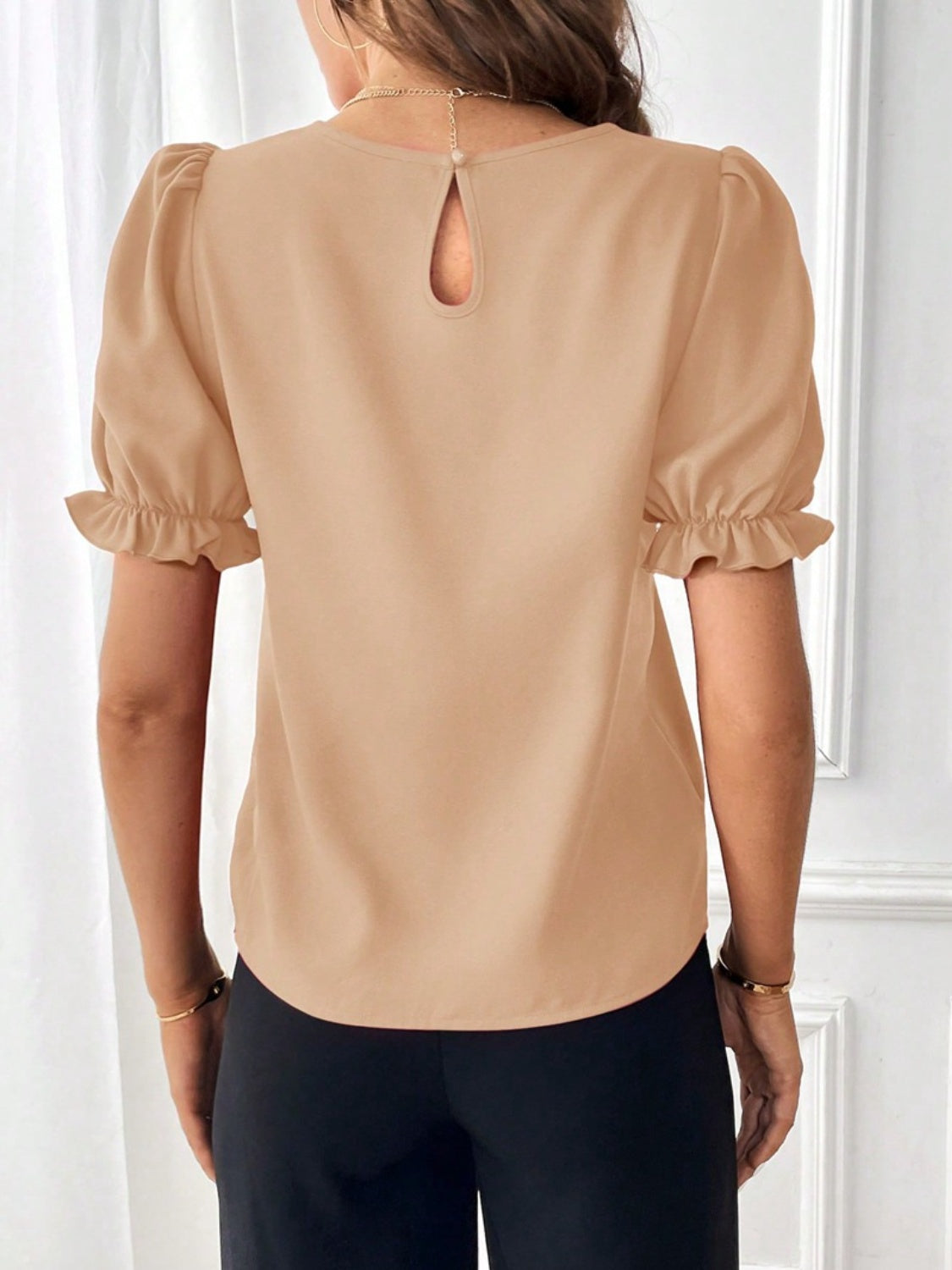 Round Neck Flounce Sleeve Blouse - Flyclothing LLC