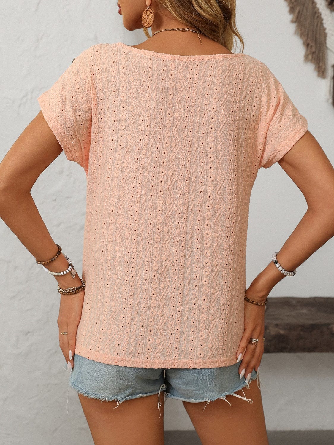 Mandy Eyelet Round Neck Short Sleeve Top - Trendsi