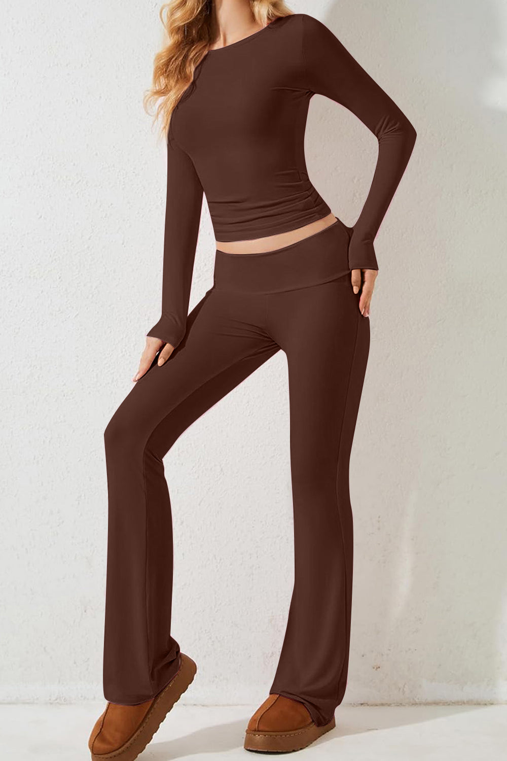 Round Neck Long Sleeve Top and Pants Set Trendsi