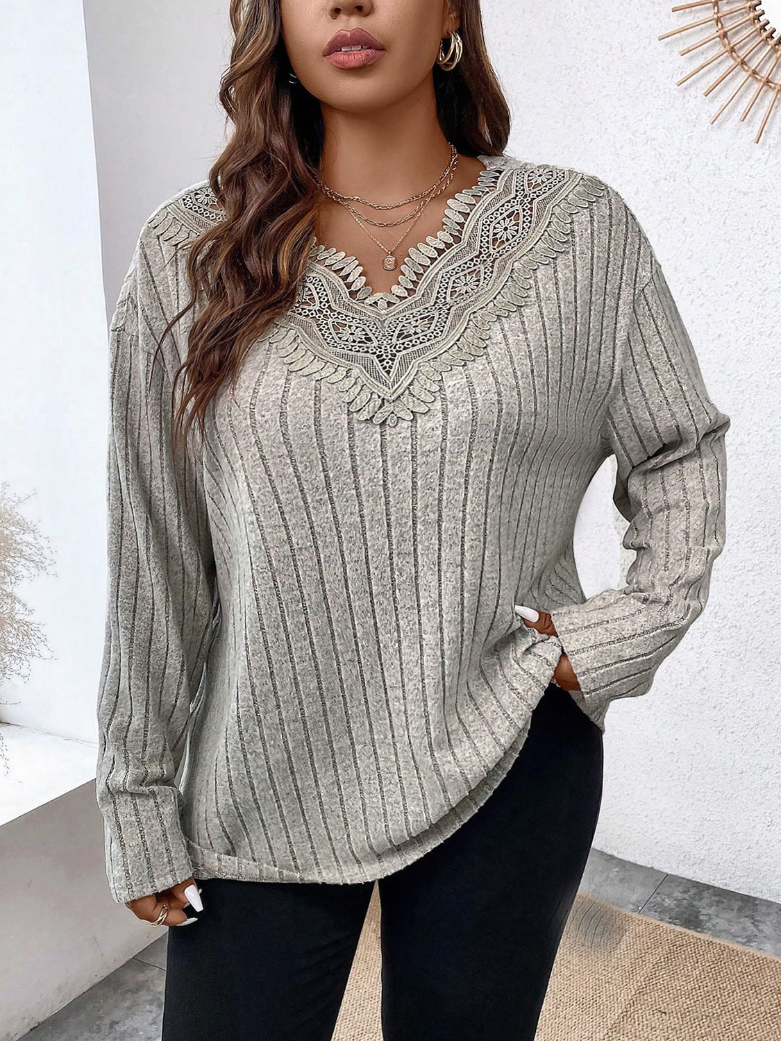 Plus Size Lace Detail Long Sleeve T-Shirt - Flyclothing LLC