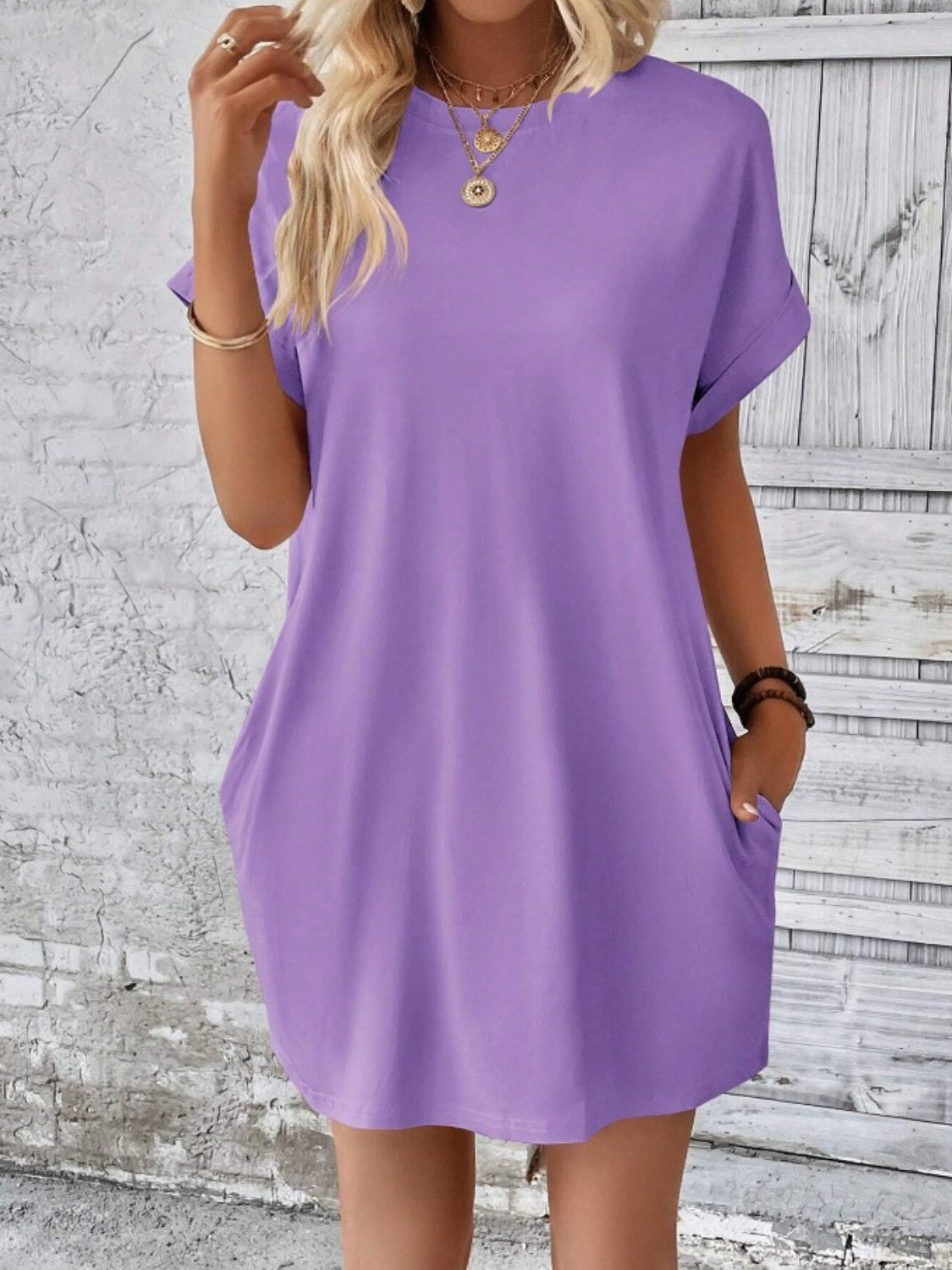 Pocketed Round Neck Short Sleeve Dress - Flyclothing LLC