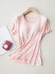 Striped Round Neck Short Sleeve T-Shirt with Bra