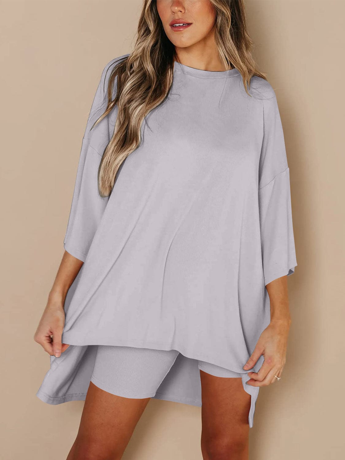 Full Size Round Neck Top and Skinny Shorts Set - Trendsi