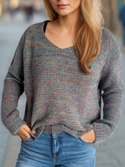 Heathered V-Neck Long Sleeve Sweater - Trendsi