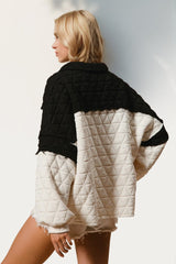 Double Take Quarter Button Contrast Long Sleeve Quilted Sweatshirt - Trendsi