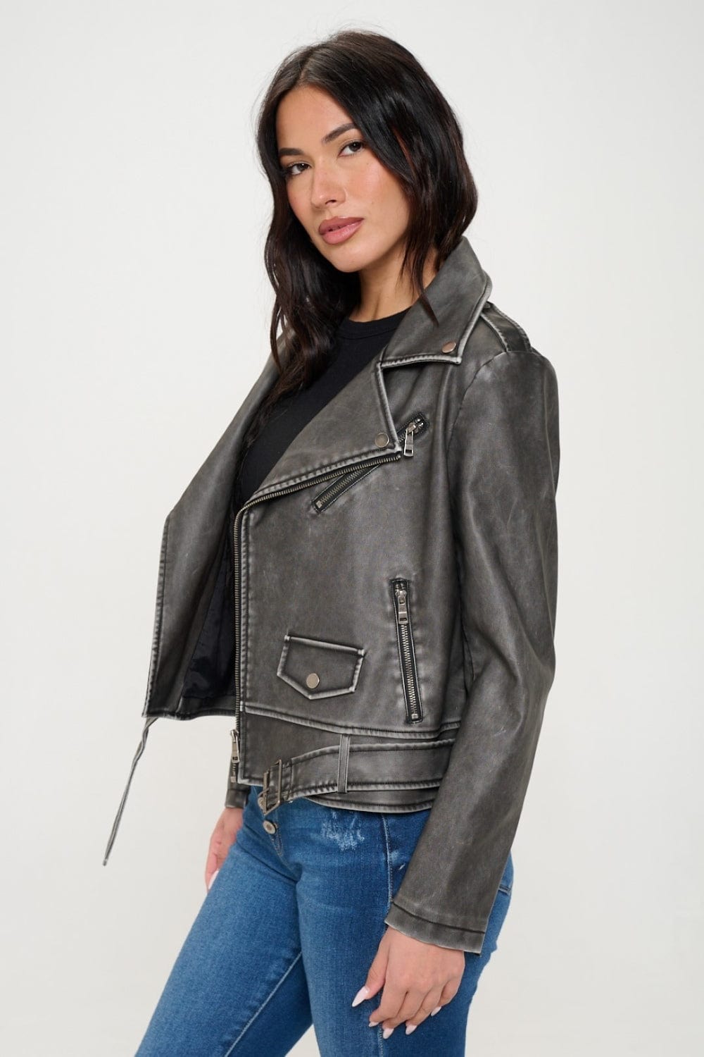 Coalition LA Zip Up Biker Jacket with Belt - Trendsi