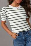 Striped Round Neck Puff Sleeve Knit Top - Flyclothing LLC