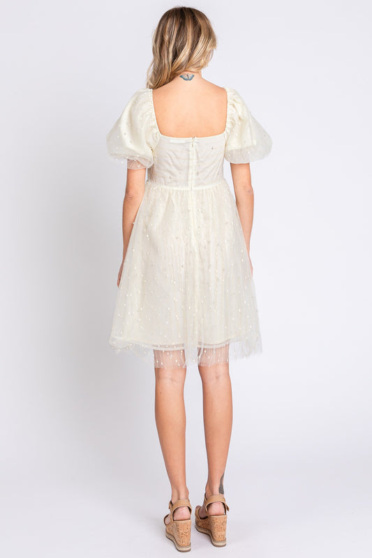 GeeGee Pearl Mesh Puff Sleeve Babydoll Dress Trendsi