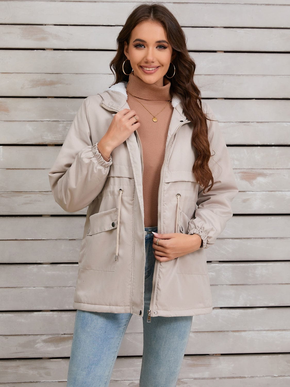 Drawstring Long Sleeve Hooded Jacket - Trendsi