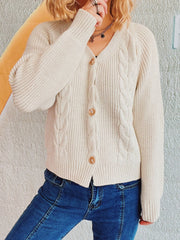 Cable-Knit V-Neck Button Down Long Sleeve Cardigan - Trendsi