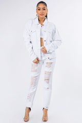 American Bazi Graphic Distressed Long Sleeve Denim Jacket - Trendsi