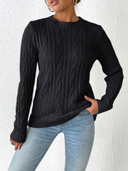 Cable-Knit Round Neck Sweater - Trendsi