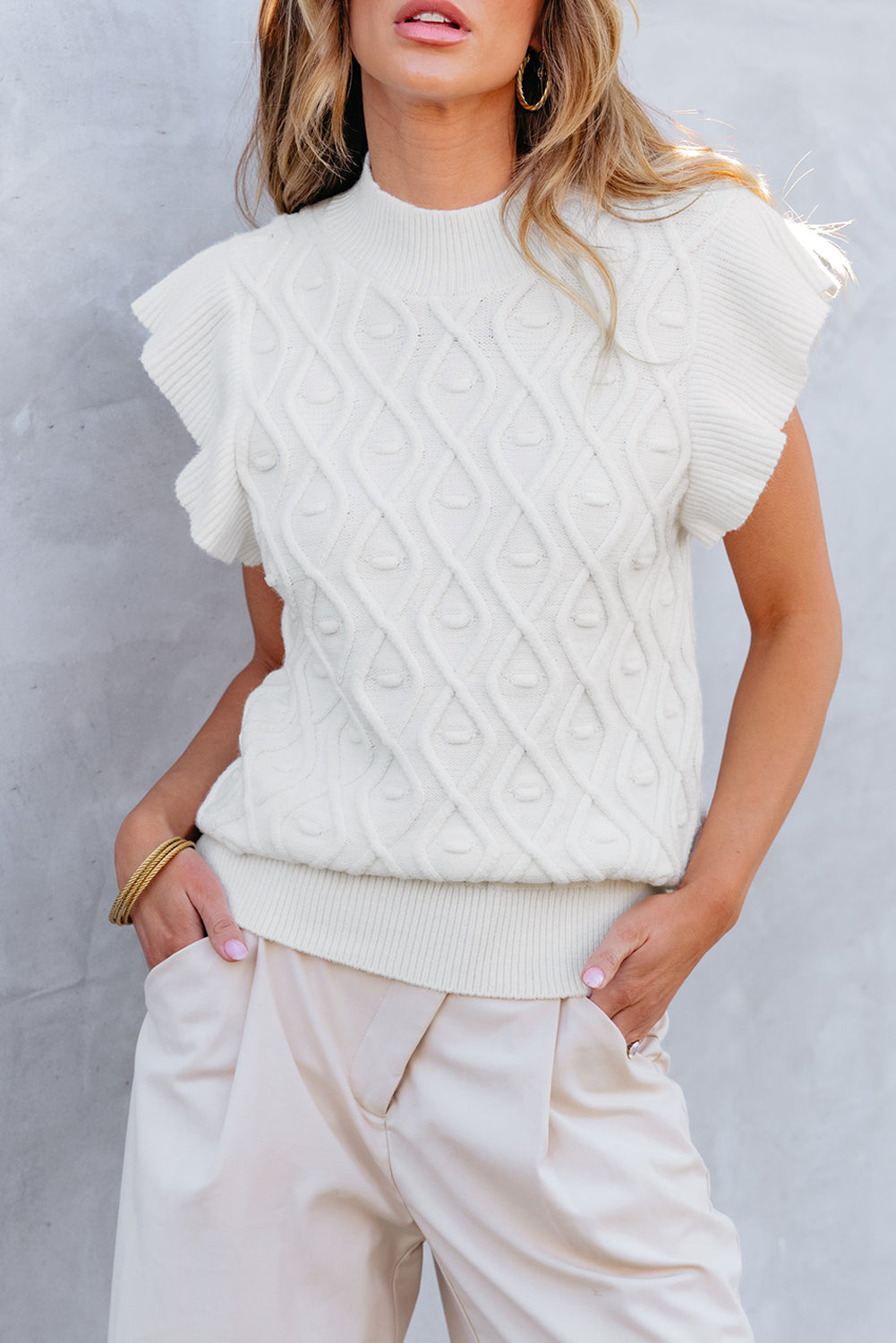 Ruffled Round Neck Cap Sleeve Knit Top - Flyclothing LLC