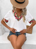 Eyelet Embroidered V-Neck Short Sleeve Blouse Trendsi