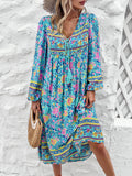 Tassel Tied Printed Long Sleeve Dress - Flyclothing LLC