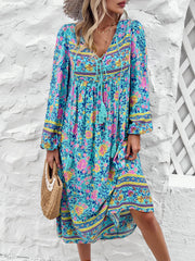 Tassel Tied Printed Long Sleeve Dress - Flyclothing LLC