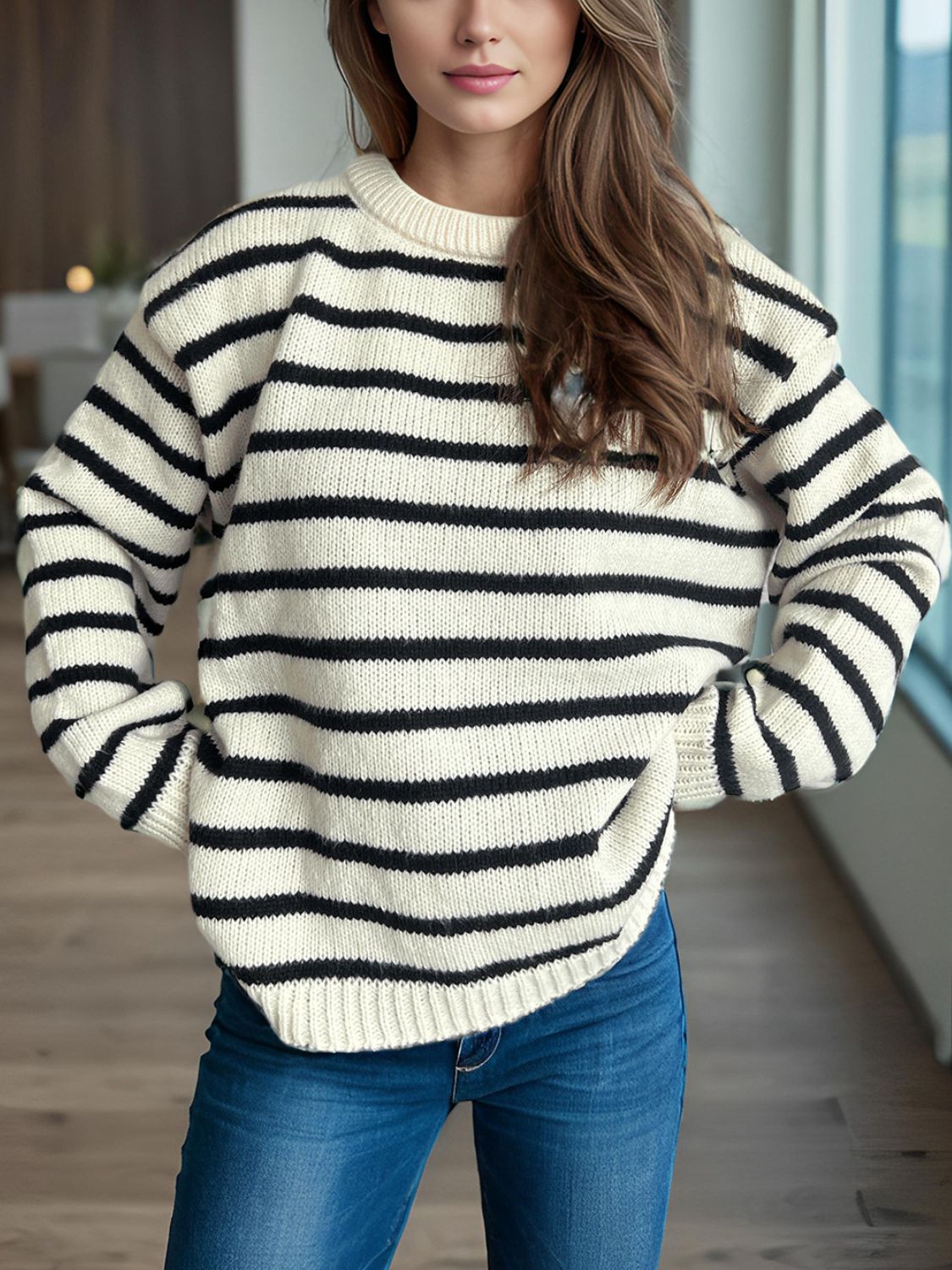 Striped Round Neck Long Sleeve Sweater