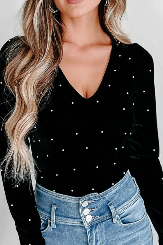 Pearl Detail Velvet V-Neck Long Sleeve Bodysuit - Trendsi