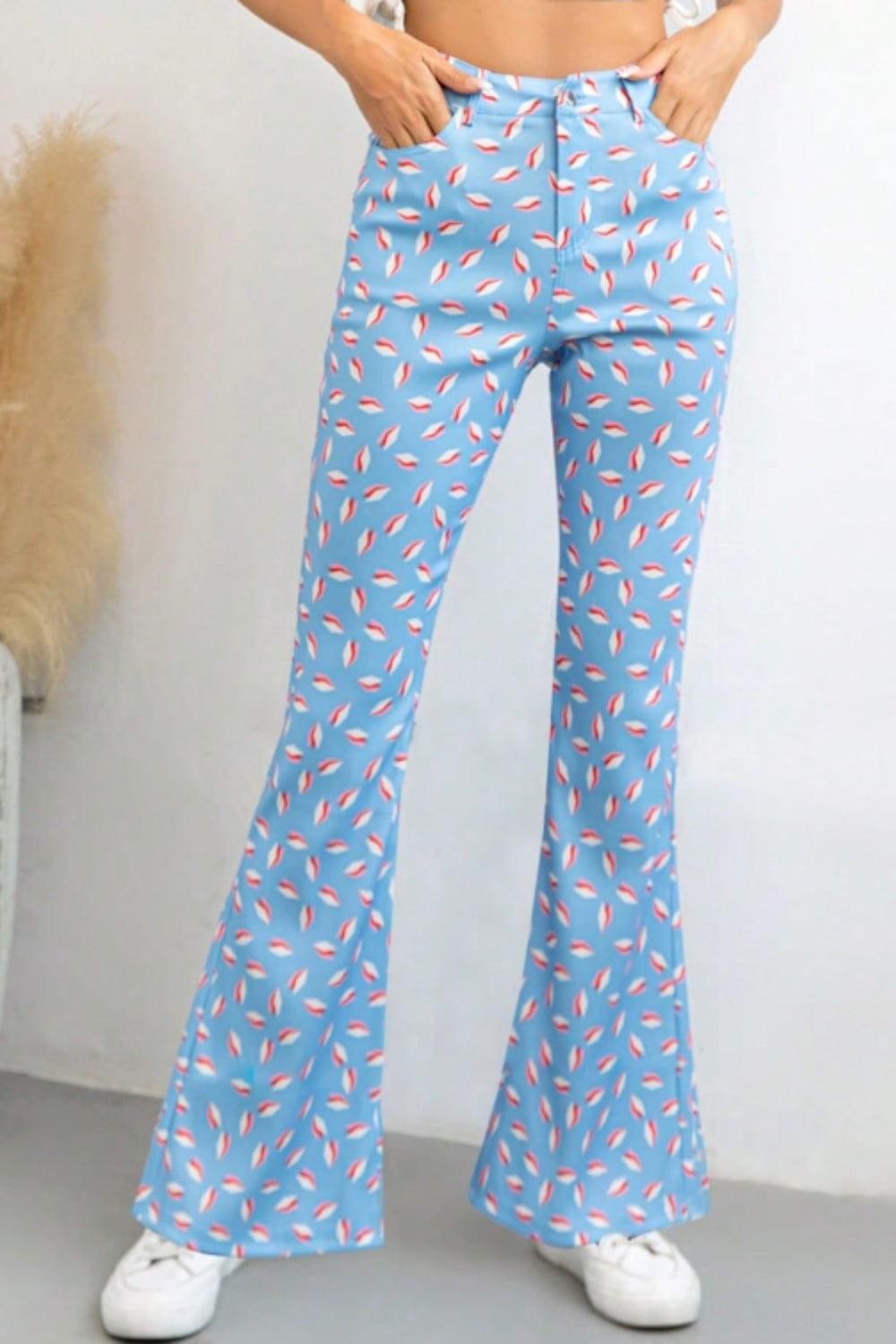 Printed High Waist Flare Pants with Pockets - Trendsi