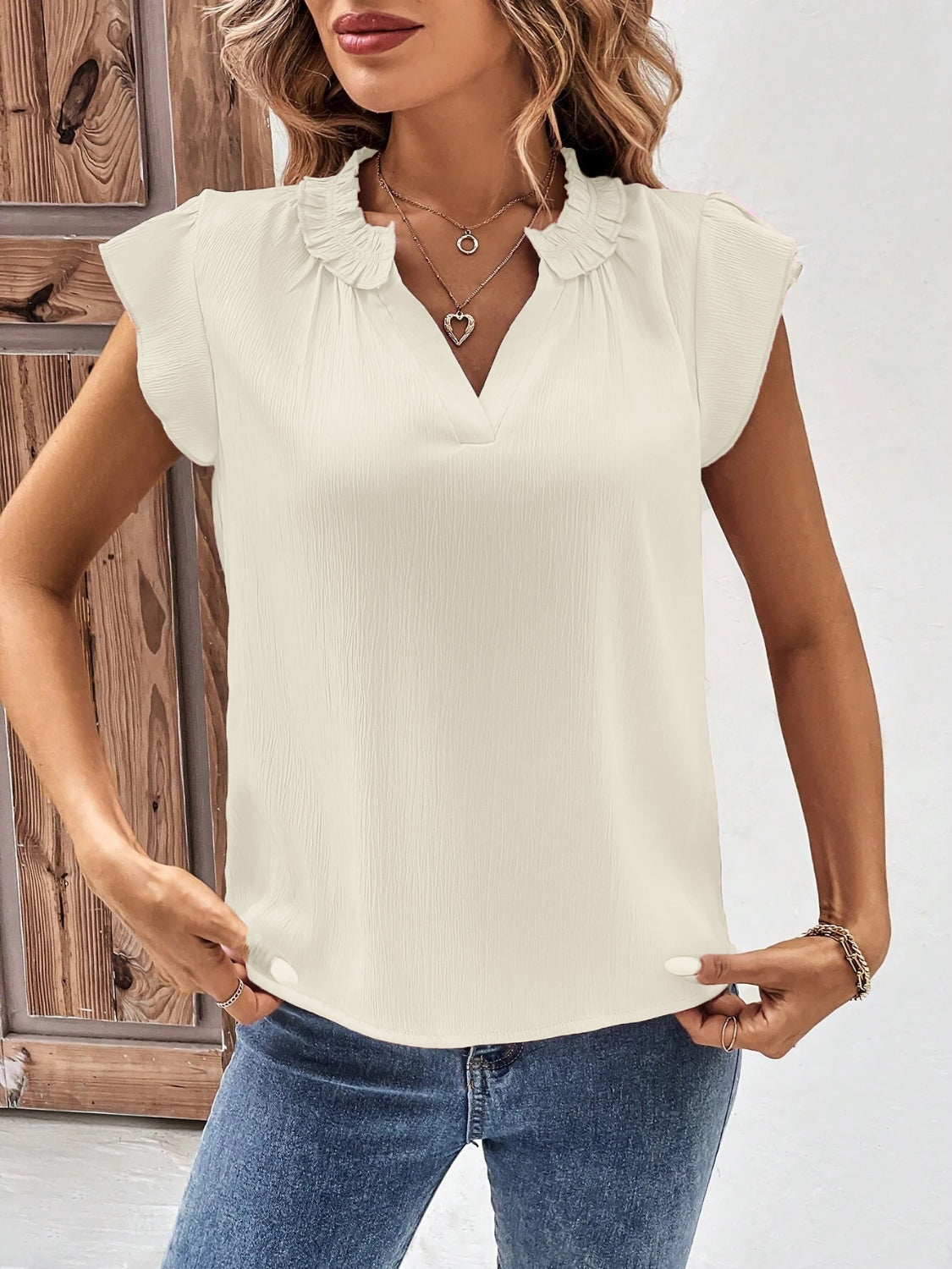 Notched Cap Sleeve Blouse Trendsi