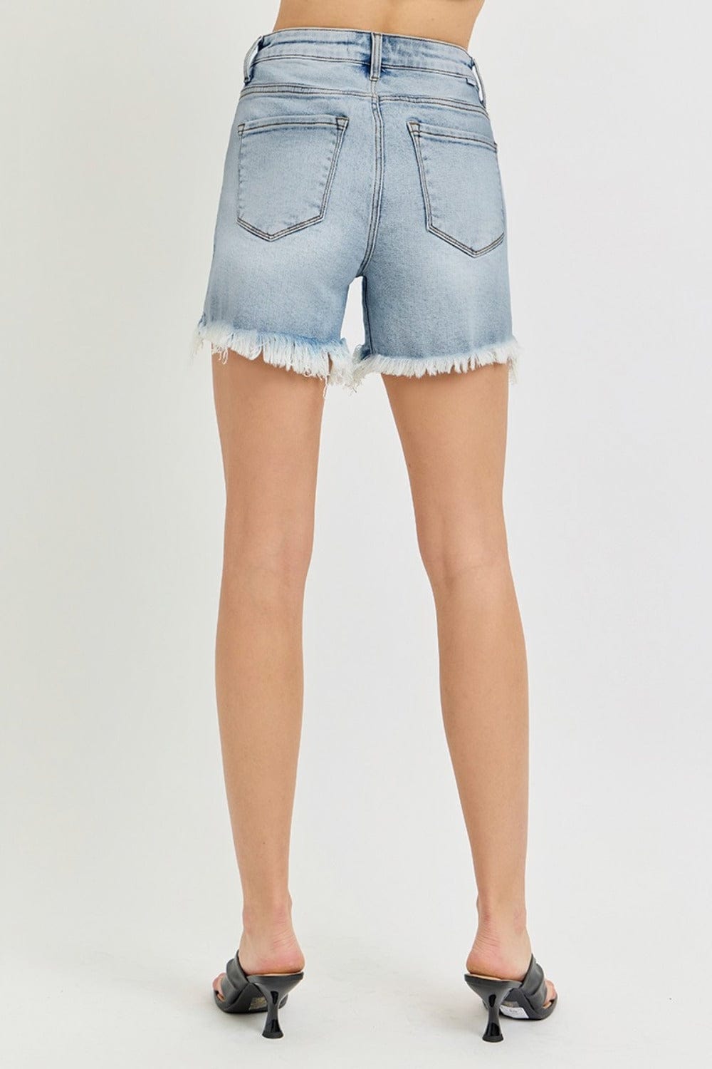 RISEN High Rise Side Step Hem Denim Shorts - Trendsi