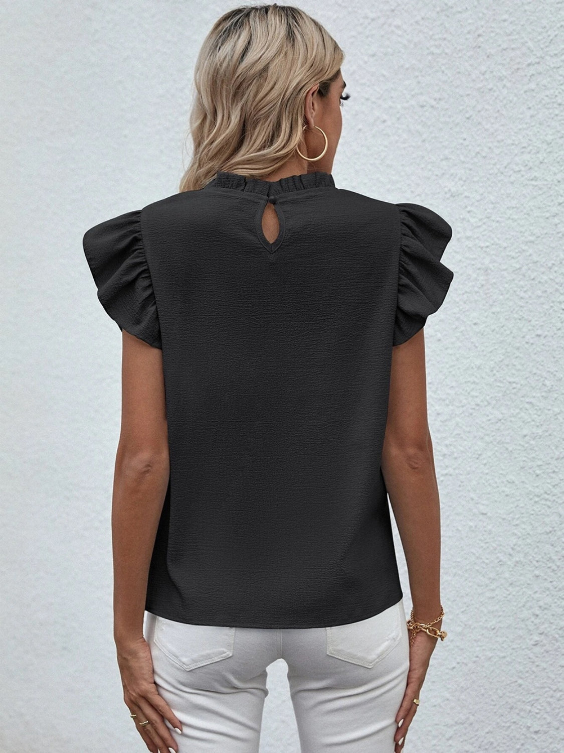 Mock Neck Ruffled Cap Sleeve Blouse - Flyclothing LLC