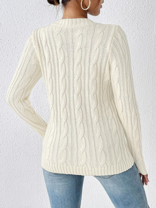 Cable-Knit Round Neck Sweater - Trendsi