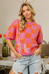 BiBi Checkered Short Sleeve Sequin Sweater - Trendsi