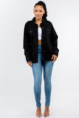 American Bazi Full Size Button Up Distressed Denim Jacket - Trendsi