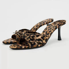 Bow Leopard Kitten Heel Sandals - Trendsi