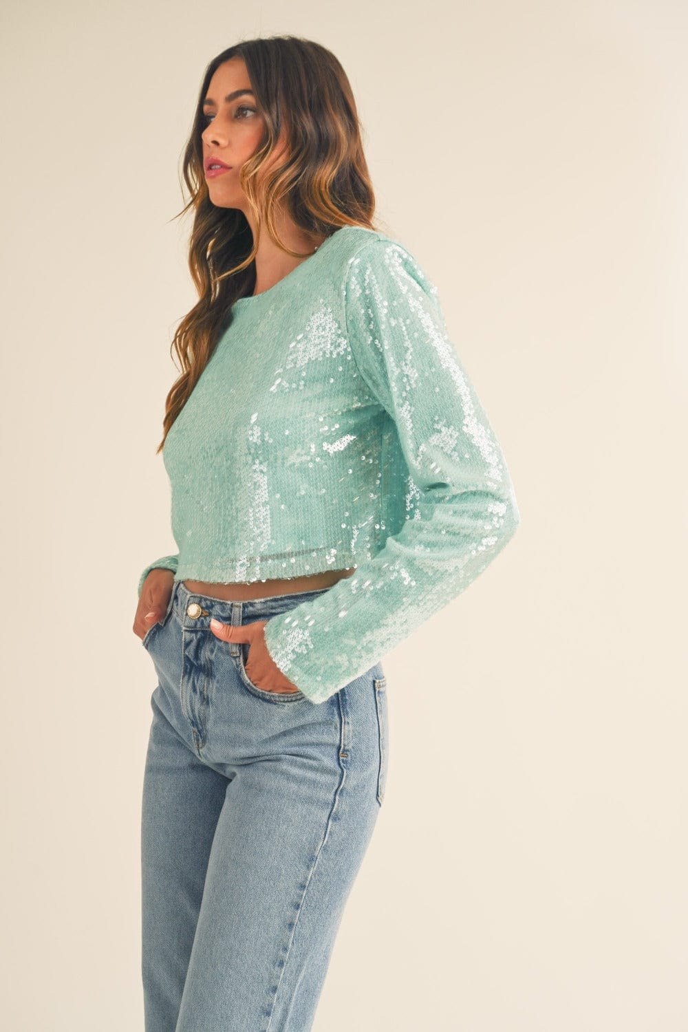 MABLE Shoulder Padded Sequin Crop Top - Trendsi