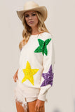 Double Take Sequin Star Round Neck Dropped Shoulder Sweater - Trendsi