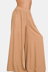 Zenana Pleated Linen Blend Wide Leg Pants Trendsi