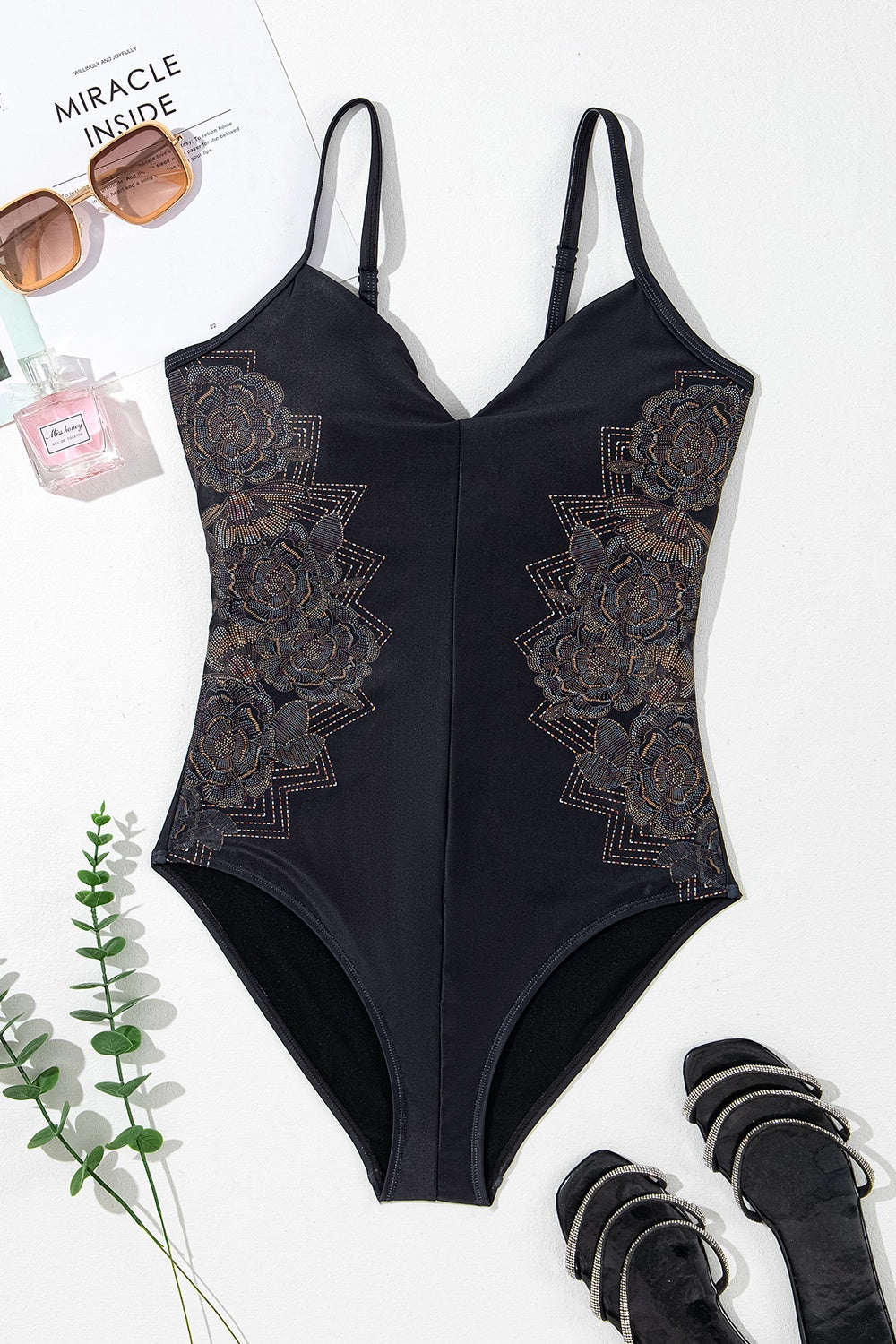 Embroidered V-Neck One-Piece Swimwear Trendsi