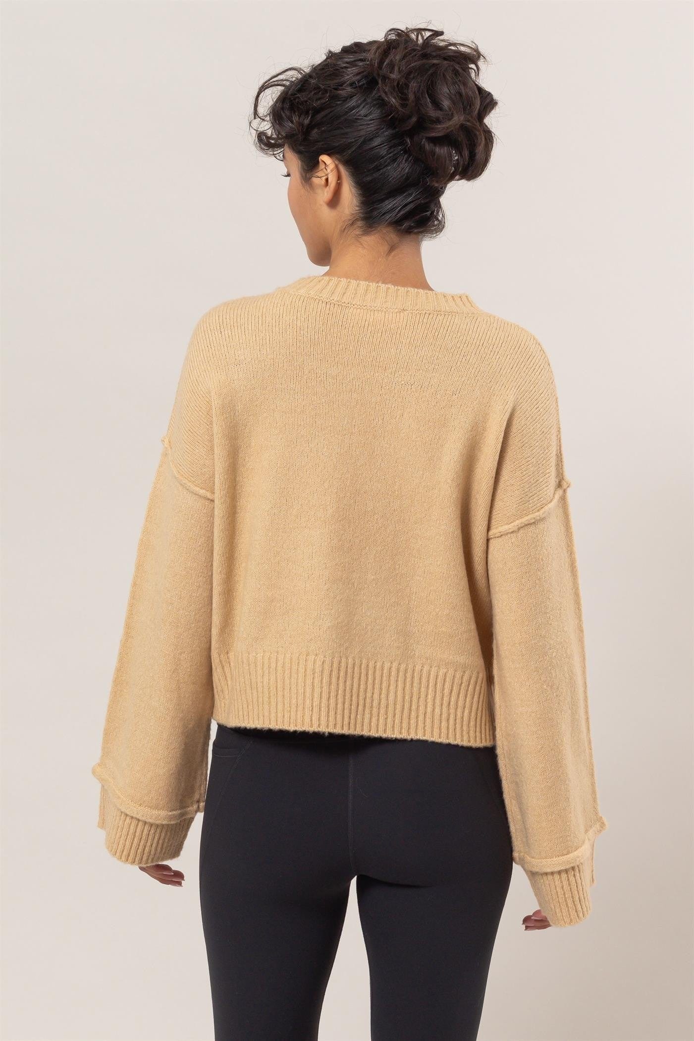 HYFVE Round Neck Dropped Shoulder Ribbed Sweater - Trendsi