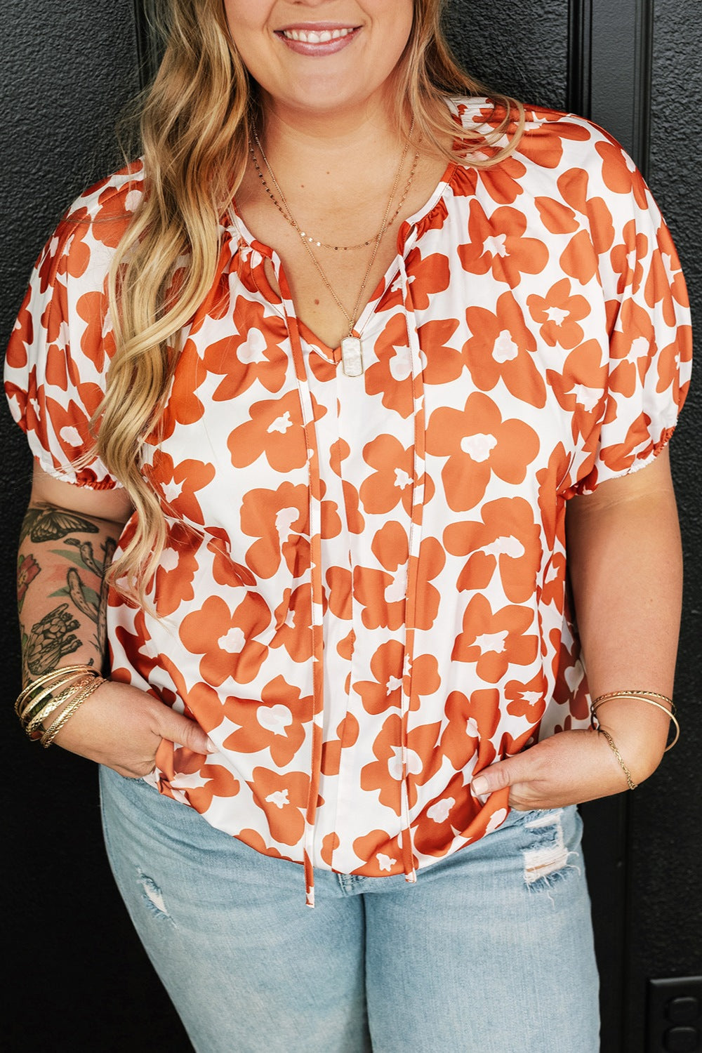 Plus Size Printed Tie Neck Short Sleeve Blouse - Flyclothing LLC